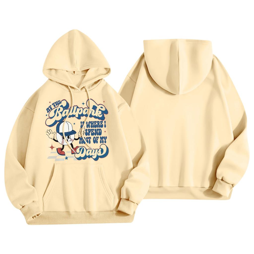 Dammode Lättviktig Långärmad Pullover Med Fickor Baseballtryck Hoodie