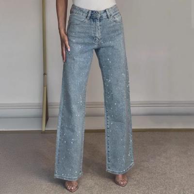 Faux Pearl Jeans for Women High Waist Straight Leg Stretch Denim Pants Casual Wide Leg Beaded Baggy Pants