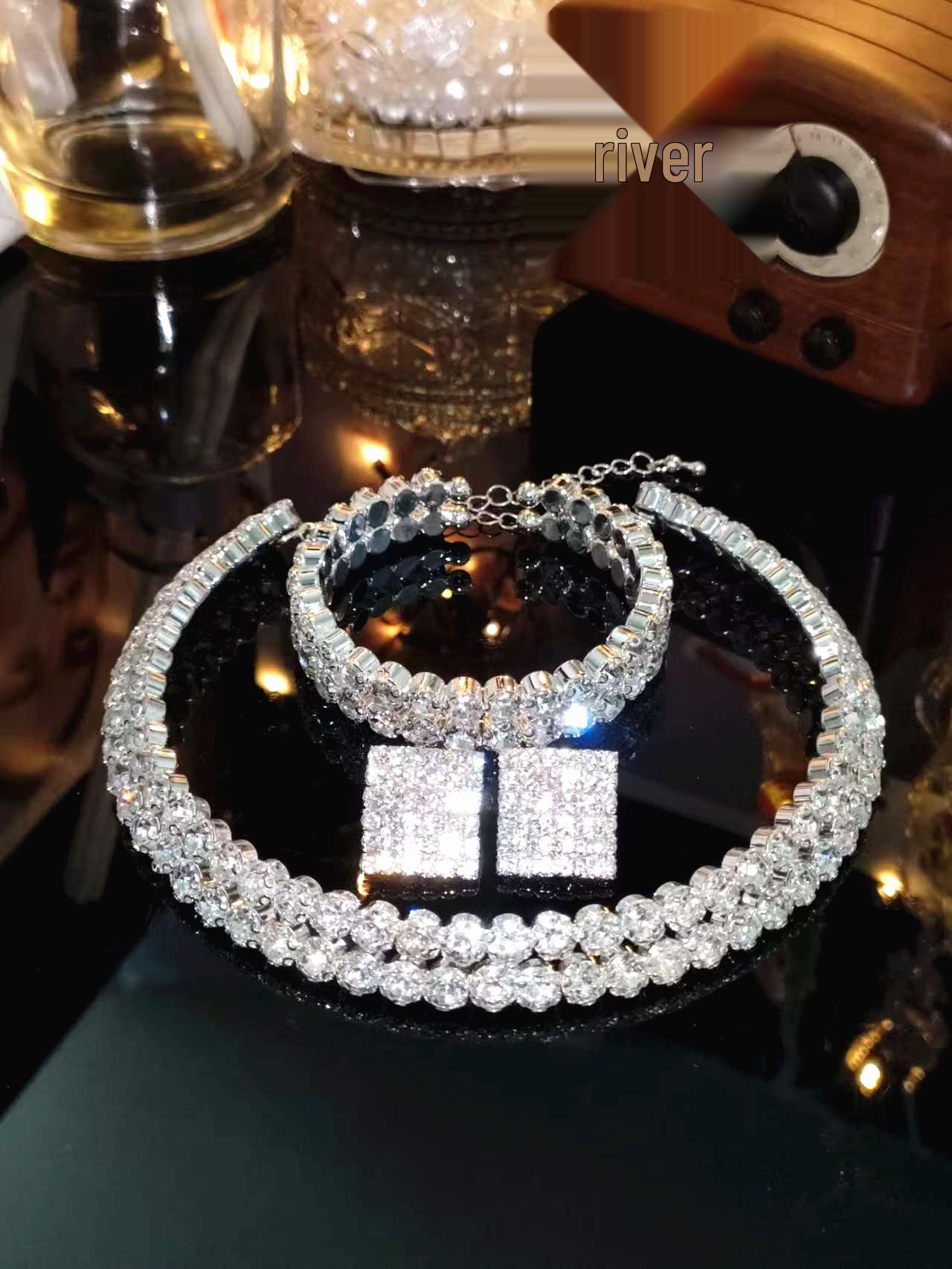 

Crystal Choker Necklace & Earring Set with Rhinestone Bangle