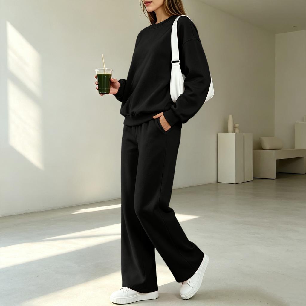 Felpa con Collo Colorato da Donna e Pantaloni Larghi Casual Set da 2 Pezzi