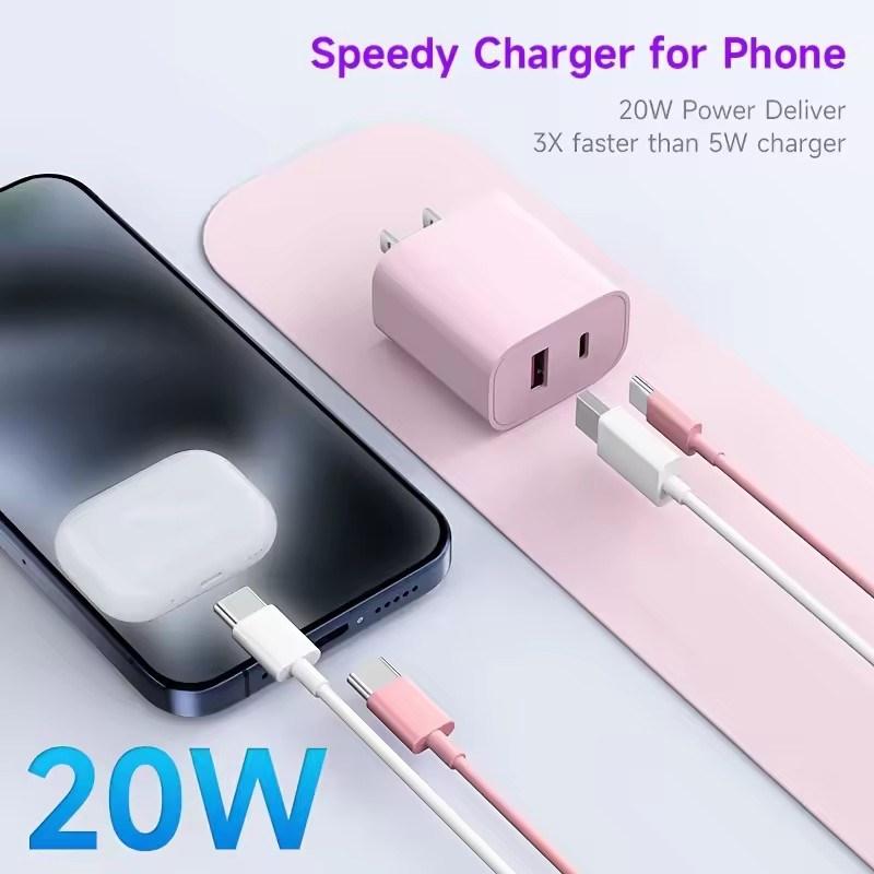 Dual Port PD 20W USB-C Wall Charger, 6-Foot Cable, Suitable for iPhone 15 Series and iPad Pro/Air/Mini - Fast Phone Charger