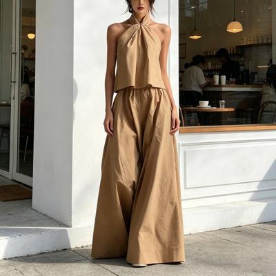 Kadın Yazlık 2 Parça Kıyafet Sırt Dekolteli Halter Kolsuz Üst ve Geniş Paça Pantolon Takımları Günlük Tatil Kombin Lounge Seti