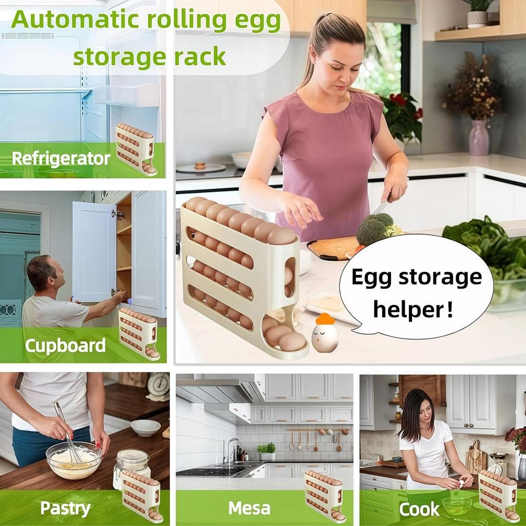 Egg Holder for Fridge, Egg Container for Refrigerator, Space-Saving Automatic Rolling Eggs Dispenser, 4 Tiers Fridge Egg Rack for Refrigerator Holds