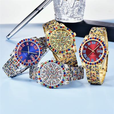 Hip Hop Erkek Moda Renkli Tam Elmas Tarihli Quartz Saatler