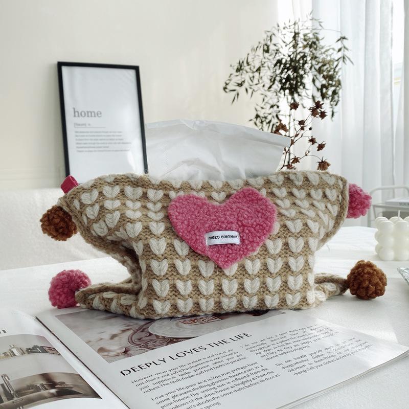 1pcs Heart Pattern Knitted Tissue Box Tissue Storage Bag for Bedroom Living Room & Desktop Decor Toilet Paper Organizer