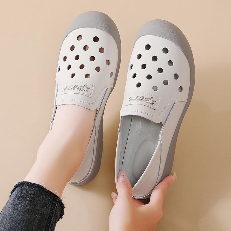 Genuine Leather Women's Flats 2 In 1 Casual Shoes Ladies Elastic Walking Shoes Slip-on Loafers Round Toe Slippers Waterproof Working Shoes