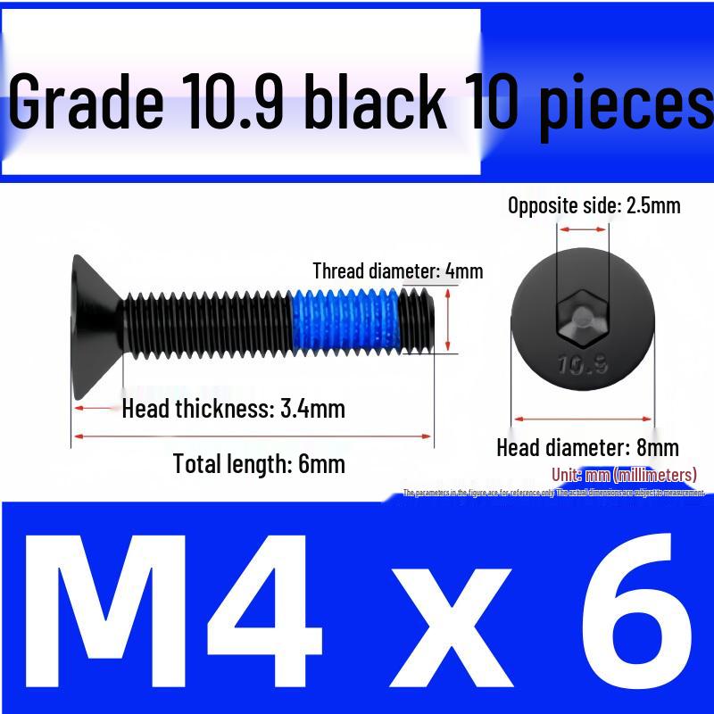 Black Anti-Slip Flat Cup Screw with Adhesive Blue Glue, Countersunk Hexagon Socket, Available in M2-M8 Sizes