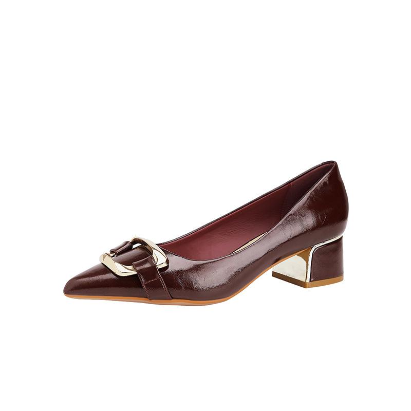 New fashion show thick heel pointed metal buckle comfortable versatile shallow mouth women's high heels
