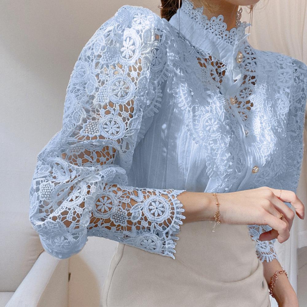 Frauen Stehkragen Spitze Patchwork Shirts Casual Aushöhlen Blume Blütenblatt Hülse Taste Tops Weiße Shirts für Frauen
