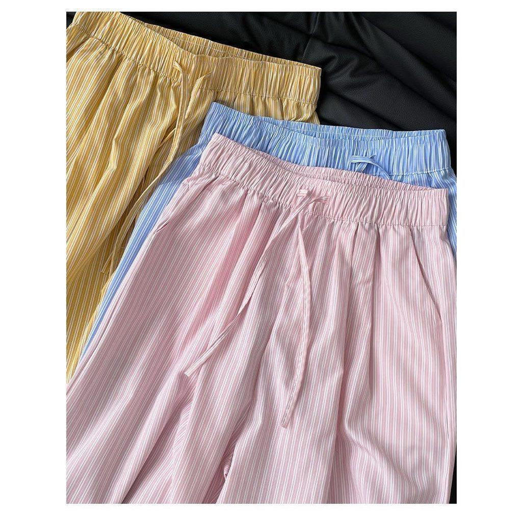 Unisex Blue Vertical Striped Casual Pants: Korean Summer Style, Floor-Length, Straight Wide-Leg, High-End Feel