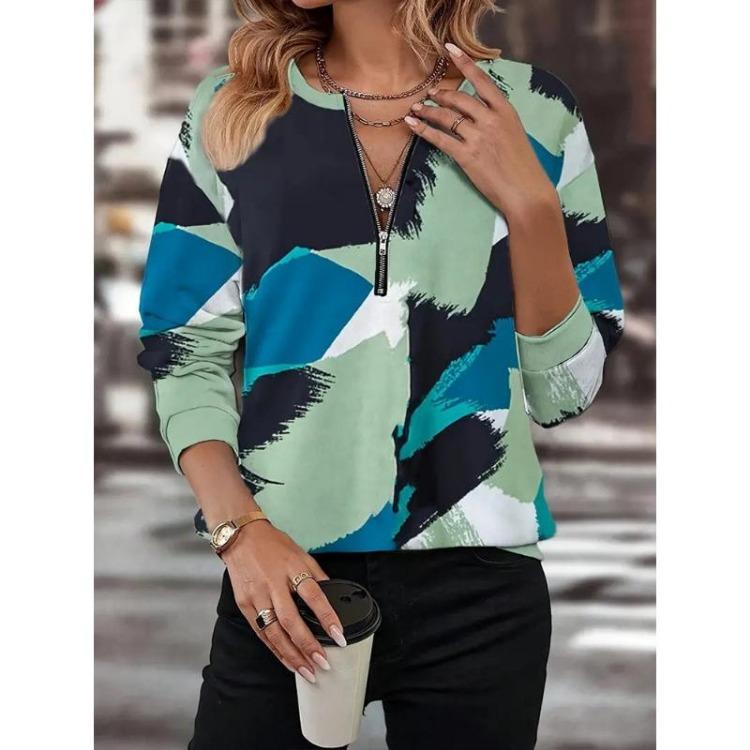 Color Block Printed V Neck T Shirts for Women Loose Casual Tops Long Sleeved High Street Autumn Geometry Zipper Clothes