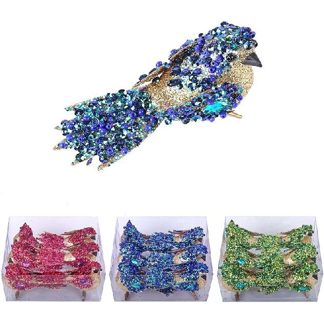 6pcs Artificial Bird with Clip- 4.25 Blue/Gold Bird Chrsitmas Tree Ornament Christmas Holy Wreath Decorations