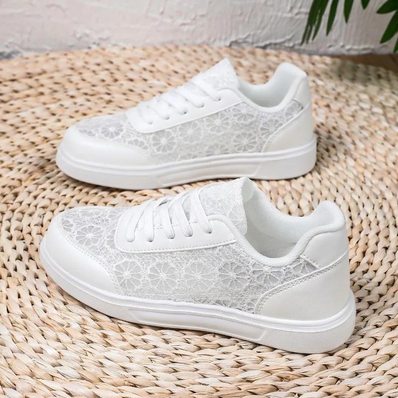 Fashion Lace White Shoes Women Hollow-out Walking Flats Breathable Mesh Casual Footwear for Jogging Traveling