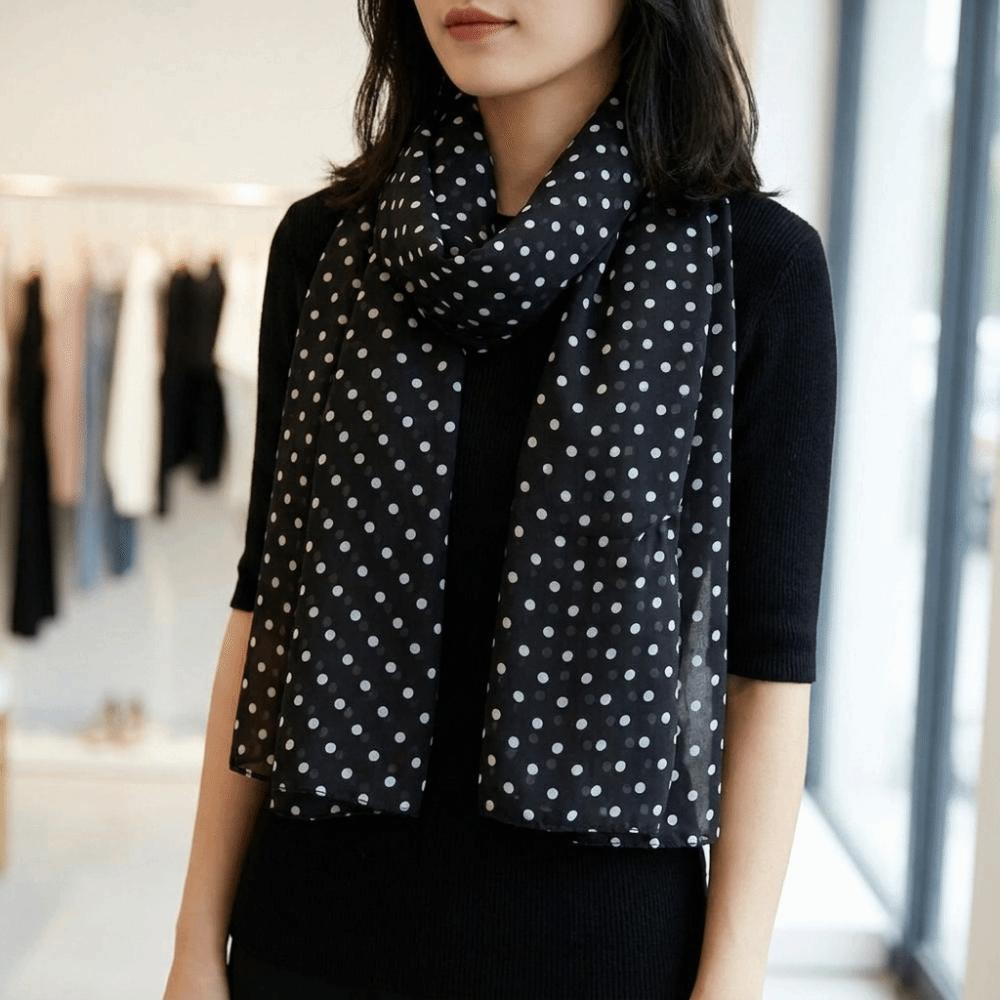 Breathable Sun Protection Shawl Thin Chiffon Long Beach Silk Scarf Polka Dots Printed Scarf Travel
