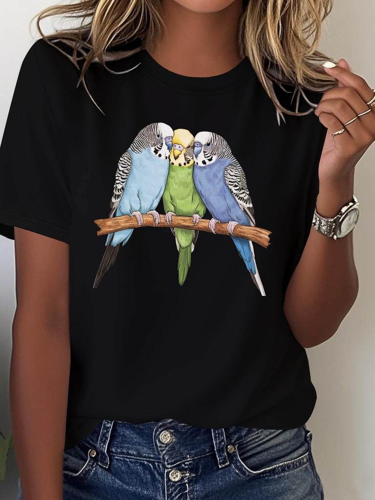 T-shirt Casual da Donna Modello Rami di Pappagallini Maniche Corte Girocollo Comfort Quotidiano Casual Moda Personalità Estate Y2K