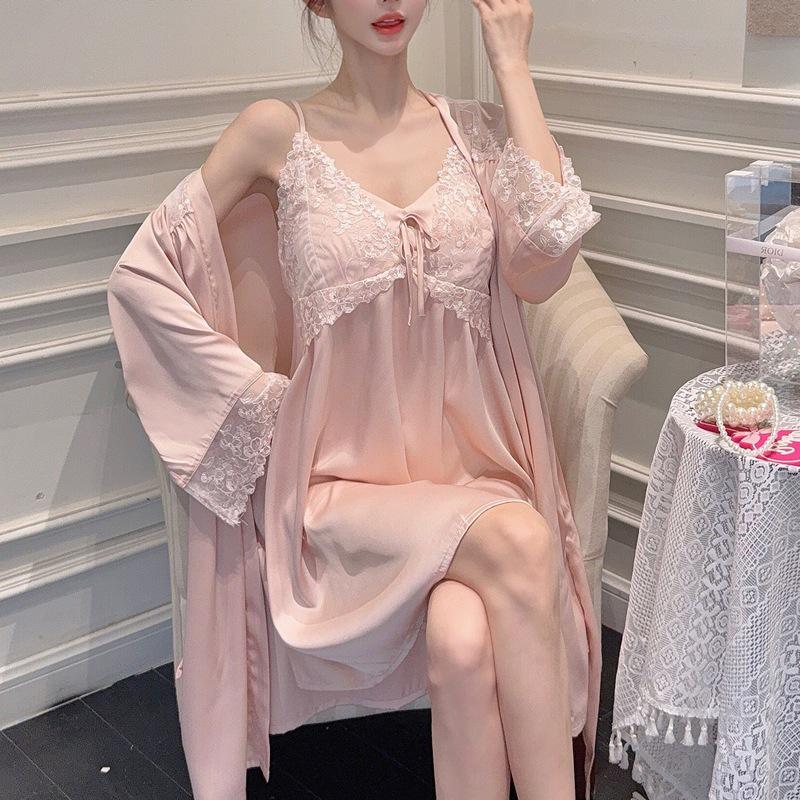 Flower Fairy Ice Silk Long Sleeve Nightdress Set with Lace and Chest Pads