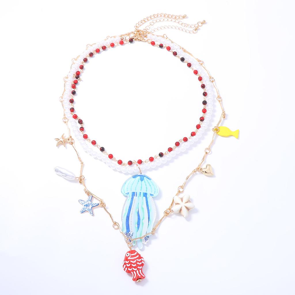 Fresh summer marine life acrylic jellyfish pendant multi-layered wearing beaded necklace vacation travel women