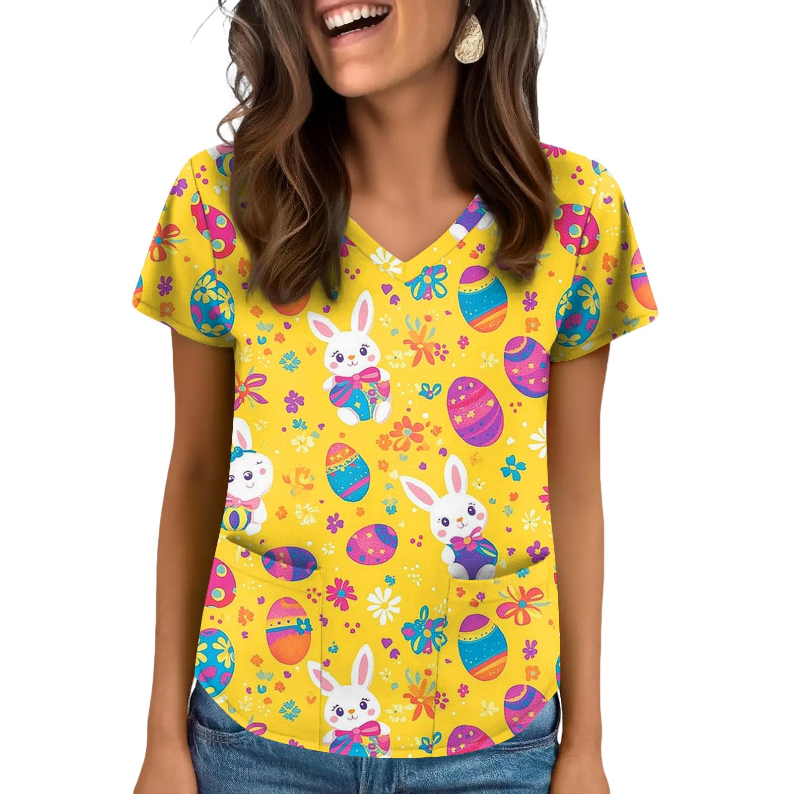 

Women s V-Neck Easter Print Short-Sleeve Pocket Top With Side Slit XL жовтий