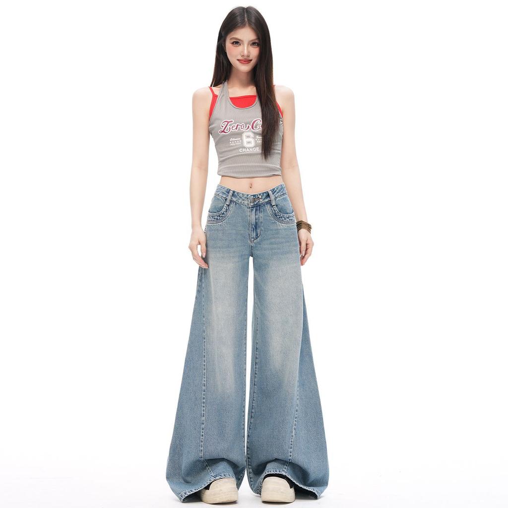 Spring Summer Vintage Deconstruct Design Relaxed Flare Wide Leg Denim Pants For Ladies Casual Pants Oversize Denim Trousers
