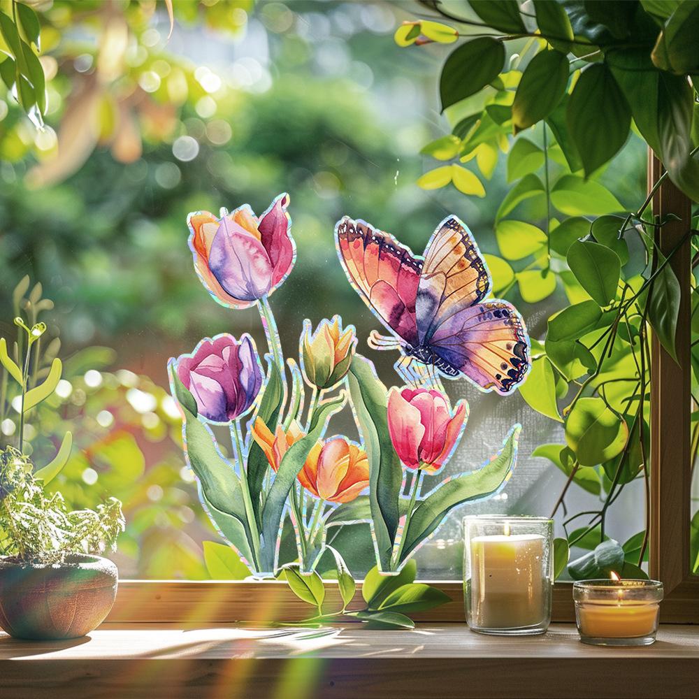 Colorful Tulip Butterfly Home Balcony Glass Door and Window Background Beautification and Decoration Window Stickers