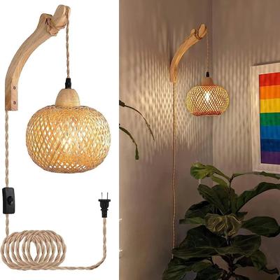 Rustic Farmhouse Retro Bamboo Woven E27 Wall Lamp LED Round Shade for Indoor Home Decor for Living Room Bedroom Kitchen