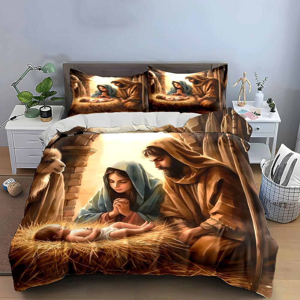 Nativity-Themed Holy Family Set  Kid'S And Adults' Bedroom Decor, Exquisite Three-Piece Bedding Set Gift