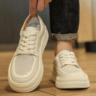 Herrenschuhe Sommer Atmungsaktiv Tenis Weiß Flache Plateau-Schuhe Herren Dicke Sohle Freizeit Leder-Schuhe Rutschfest Komfort Sneaker
