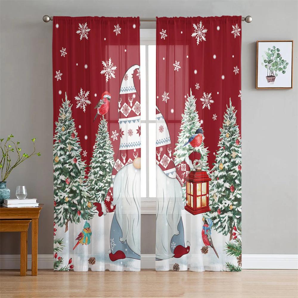 Cute Christmas Snowman Snow Scene Tulle Curtains Blinds for Living Room Bedroom Decoration Chiffon Sheer Voile Window Curtain2Pc