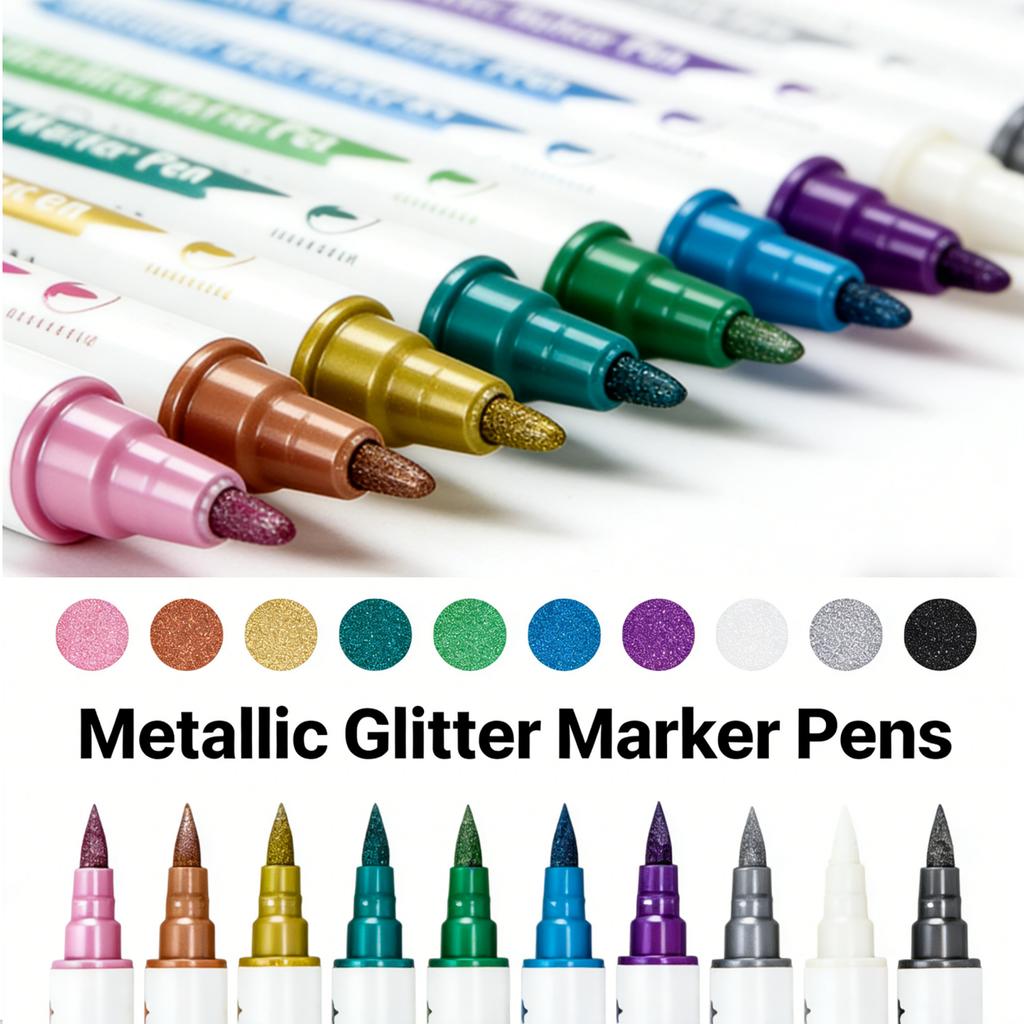 10pcs Metallic Dual Tip Marker Pens - Brush & Fine Nib for DIY Album, Black Card, Scrapbooking & Craft