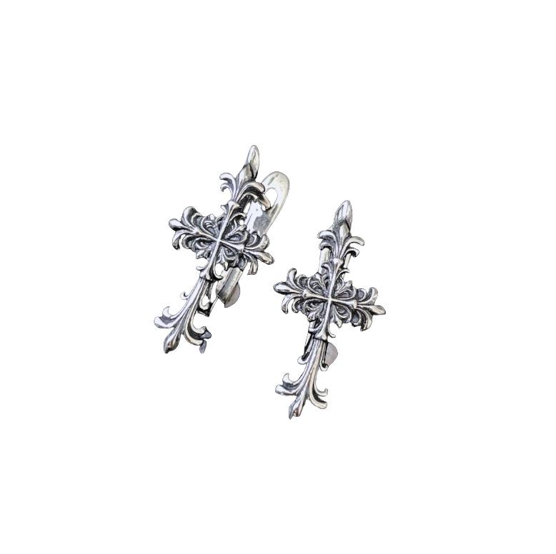 Klassische Kroja Retro Cross Ohrklemme Ohrringe für Damen - Thailändisches Silber Schwarzes Blumendesign