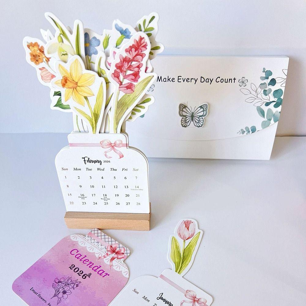 Abnehmbare Basis Bloomy Flowers Schreibtischkalender Holzbasis Floraler Schreibtischkalender für das Neue Jahr
