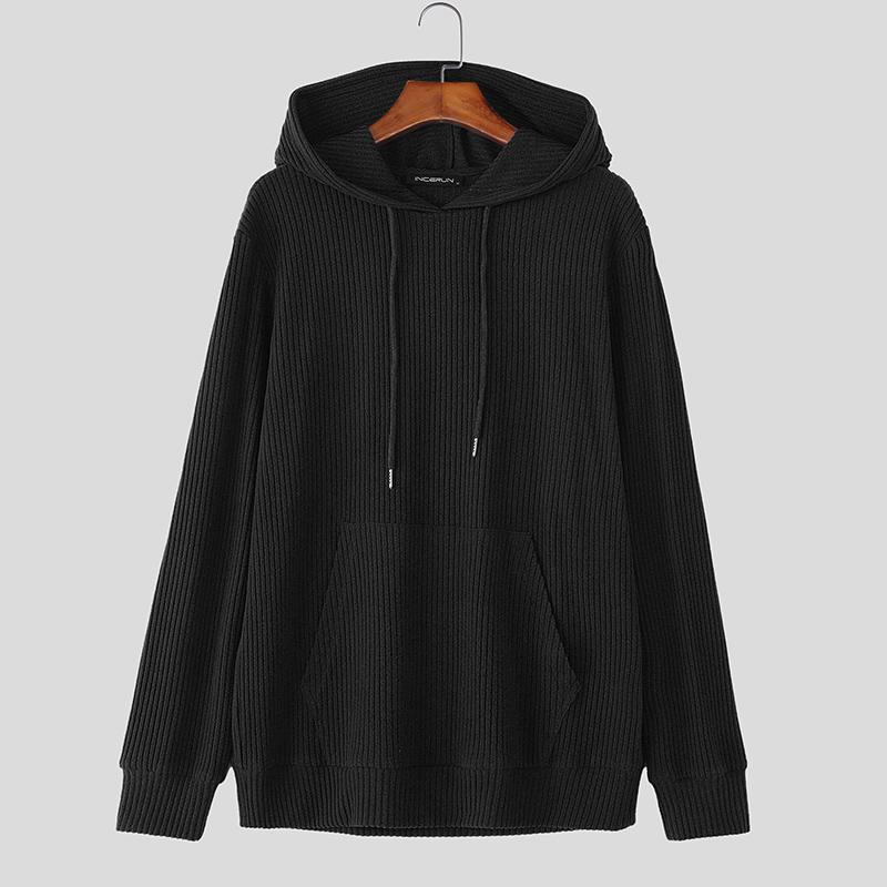 

INCERUN Мужские пуловеры с длинным рукавом, на кулиске, повседневные, с капюшоном, текстурные, вельветовые M чёрный