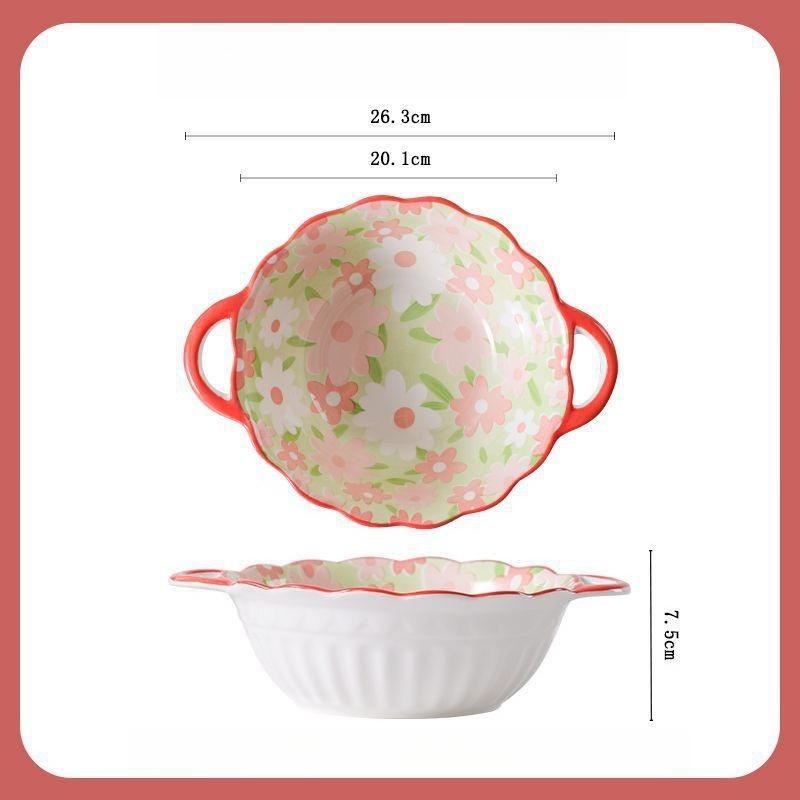 Ceramic Household 10 Inch High Aesthetic Double Ear Soup Bowl Anti Scald Relief Soup Bowl Underglaze Color Process