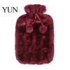 Winter Hot Water Bag 2L Bottle with Plush Cover, Pompom Drawstring Warm Bag, for Hands, Feet, Stomach Lightweight