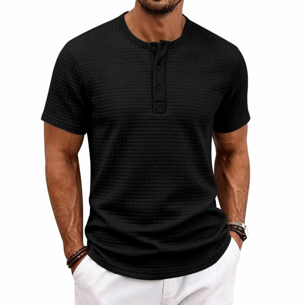 Men's Casual Short Sleeve Henley Shirt Loose Fit Small Check Jacquard Pattern Lightweight Summer Top with Button Placket