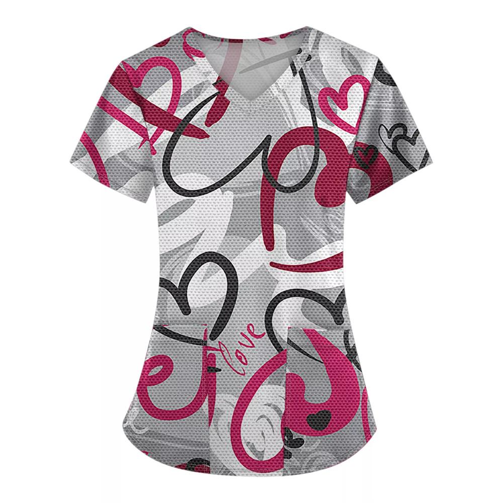 Surgical Uniforms Woman Heart Printed V-Neck Nurses Tops Short Sleeve Patch Pocket Medical Uniforms Surgical Uniforms Nursing