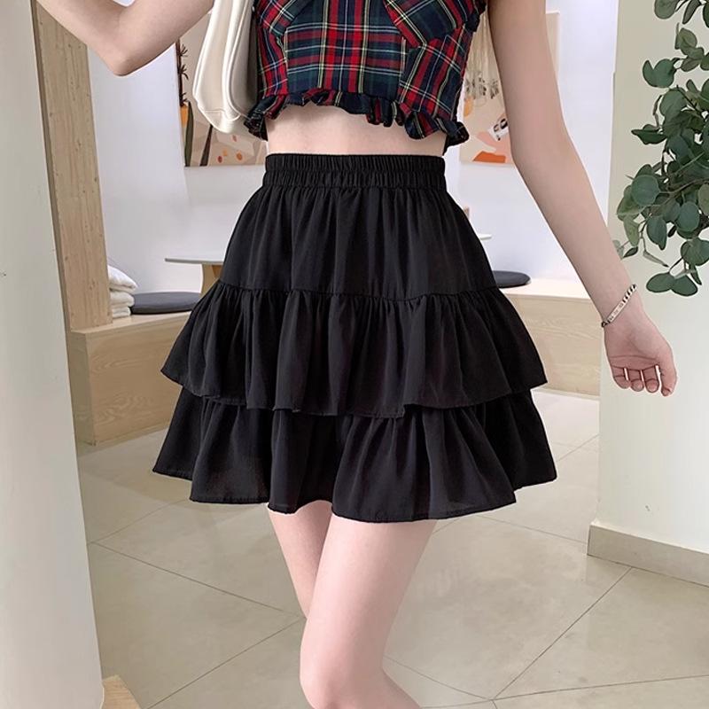 DX~~ White bitter fleabane cake short skirt female summer high waist slim A-word ruffled umbrella skirt short pleated skirt