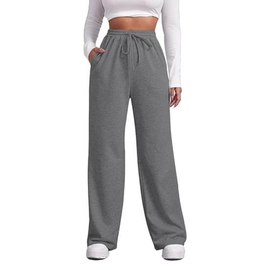 Women Wide Leg Pants Elastic High Waist Adjustable Drawstring Pure Color Long Sweatpants with Pockets Casual Lounge Pants Daily Wear