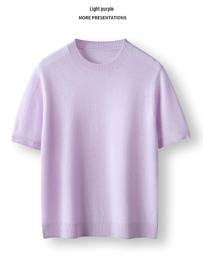 Solid Color Cashmere Blend Sweater, Lightweight, Short-Sleeved, Round Neck, Relaxed Fit, Five-Point Sleeves, Ideal for Layering