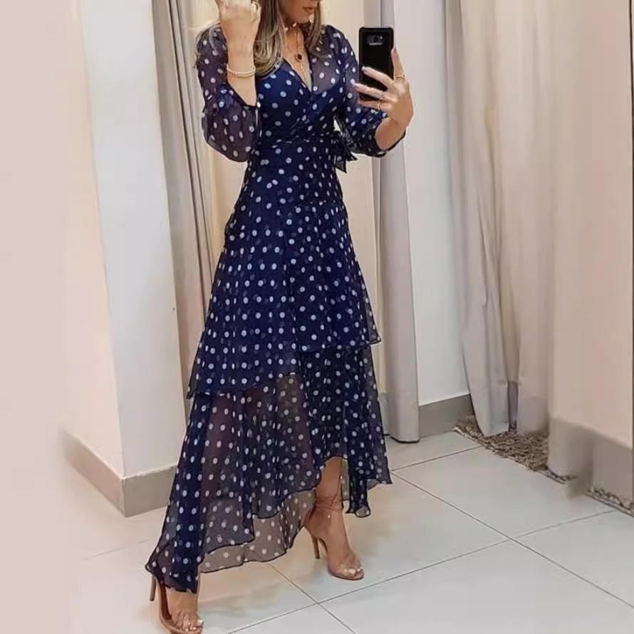 V-Neck Polka Dot Irregular Print Long Dress - Women’s Spring/Autumn Collection