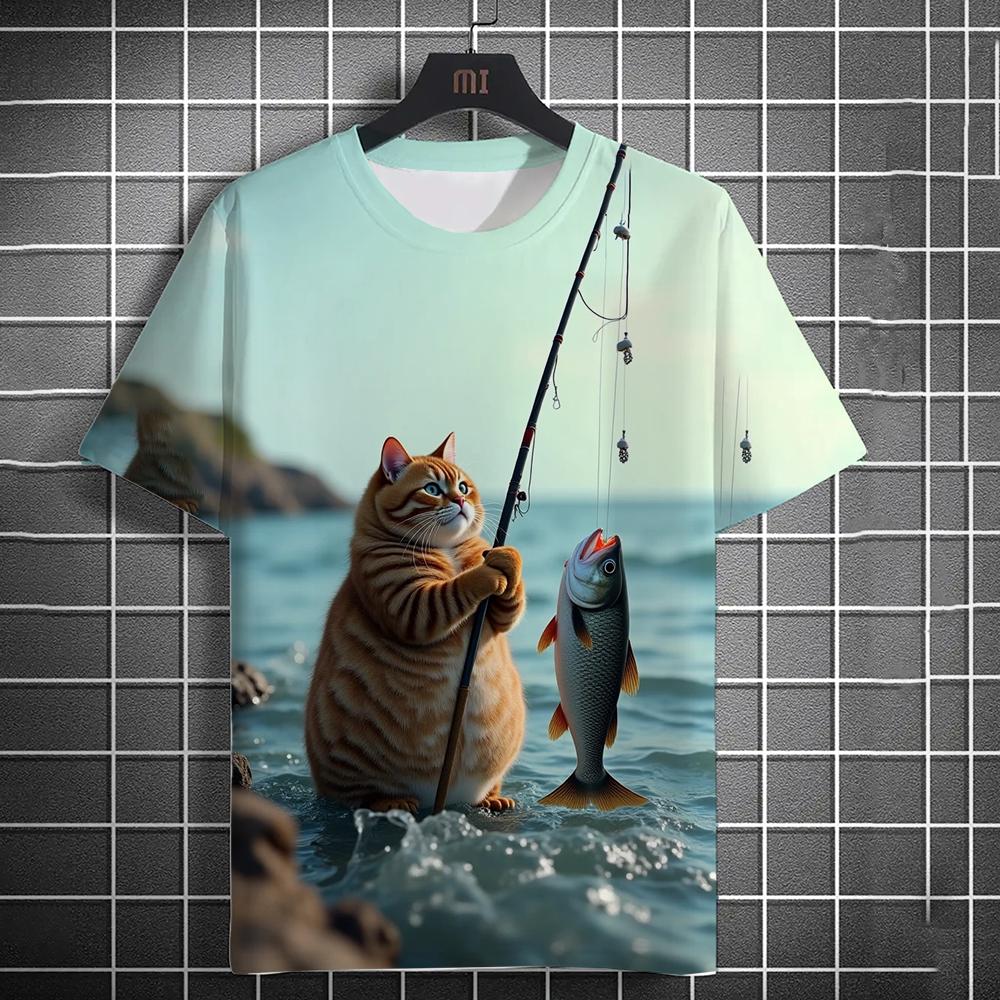 Camiseta Masculina Estampada 3D Praia Gato Pescando Camiseta de Manga Curta Estampada Diária Casual Gola Redonda Poliéster