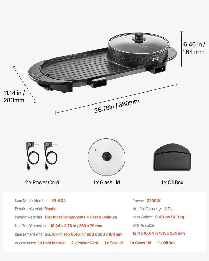Hot Pot with Grill 2200W 2-in-1 Electric Smokeless Grill and Hot Pot
