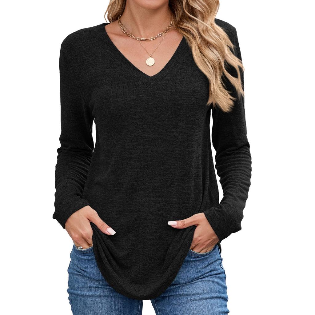 Fall Winter New Solid Color V-Neck Loose Long Sleeve T-Shirt Top for Women Cross-Border Casual Wear Ready to Ship