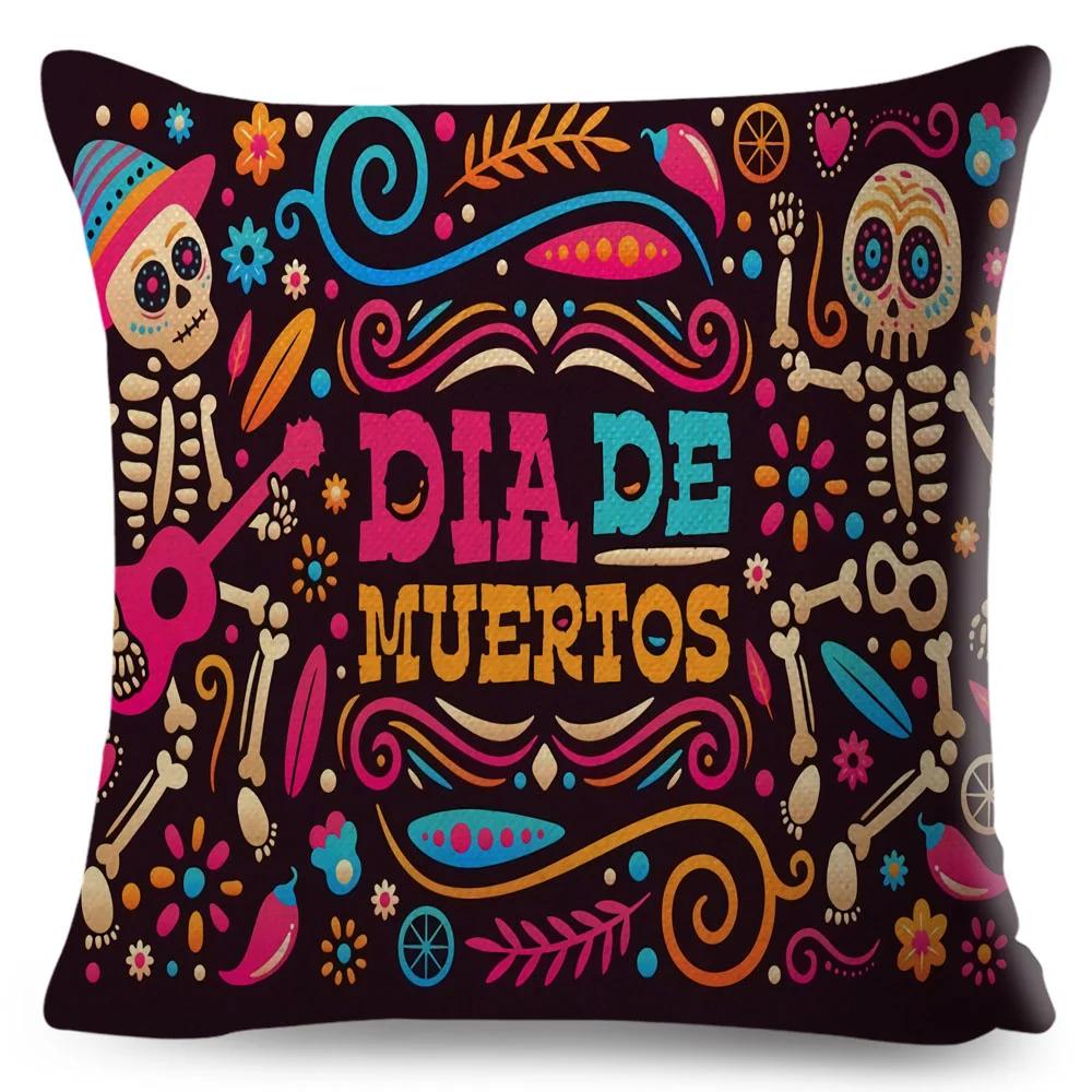 Day Of The Dead Pillowcase Decor Cartoon Mexico Flower Skull Print Cushion Cover for Sofa Home Polyester Pillow Case 45x45cm