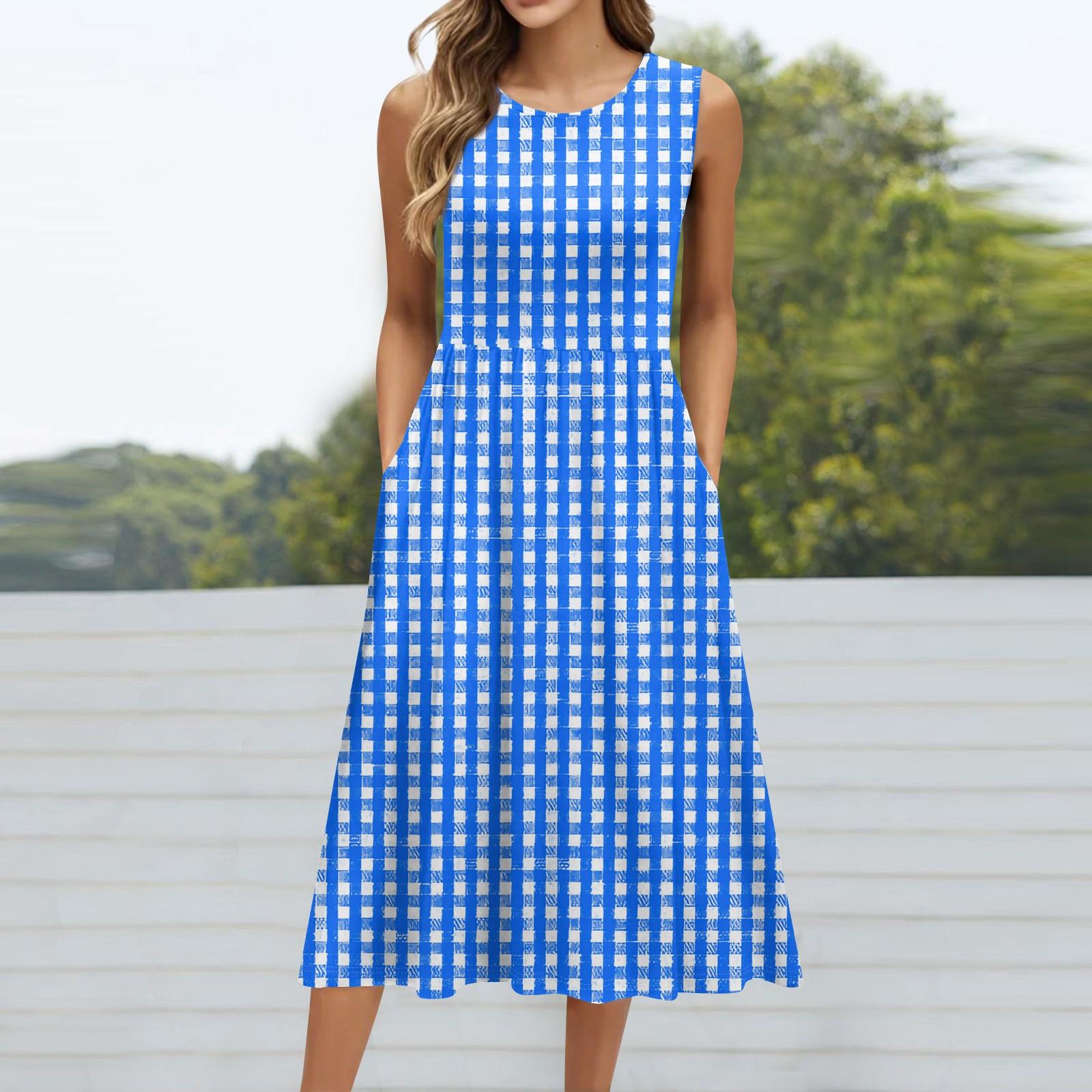 

Женское модное платье средней длины с круглым вырезом и принтом без рукавов S синий