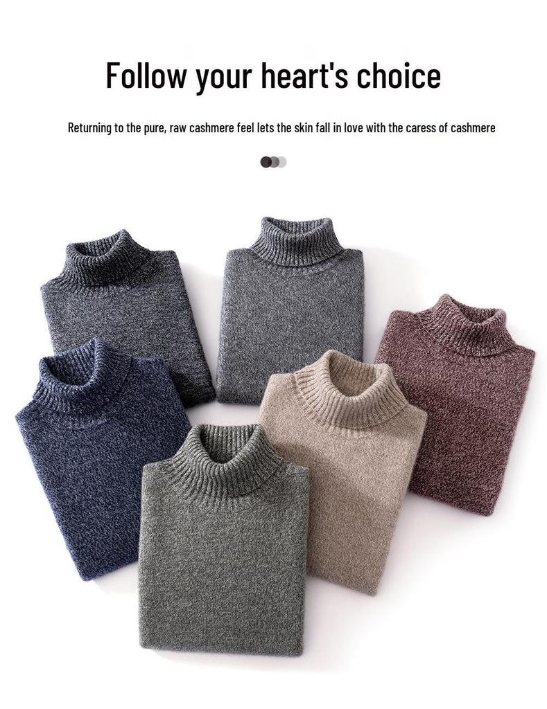 Men's High Neck Cashmere Sweater - Double Ply, Thick, Solid Color Knitwear for Autumn/Winter.