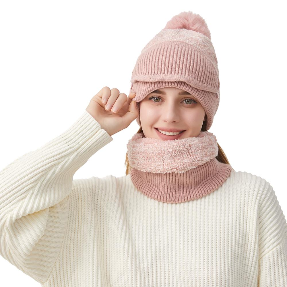 Slouchy Winter Beanie Hat with Pompom Knitted Balaclavas Hat Face Mask Neck Scarf