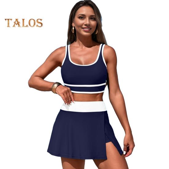 

2 шт./комплект женский танкини комплект с низким О-образным вырезом рукава майки с утягивающим животом боковые разрезы юбки комплект пэчворк цветной купальник S темно-синий