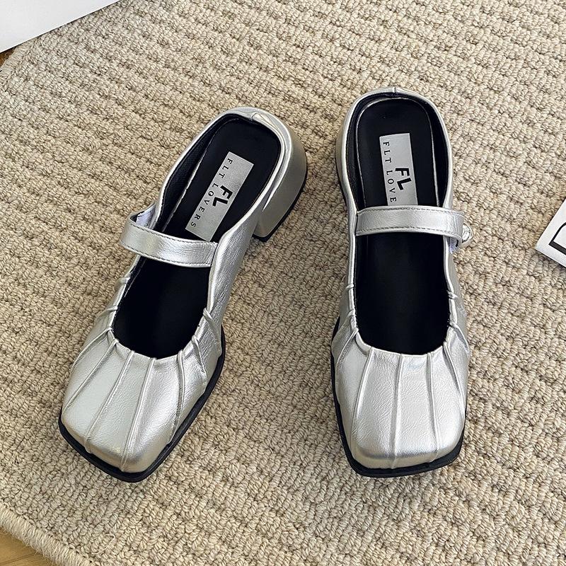 French High-end Silver Bag Head Half Slippers Women's Outer Wear Spring and Summer New Lazy One-pedal Thick-heeled Single Shoes