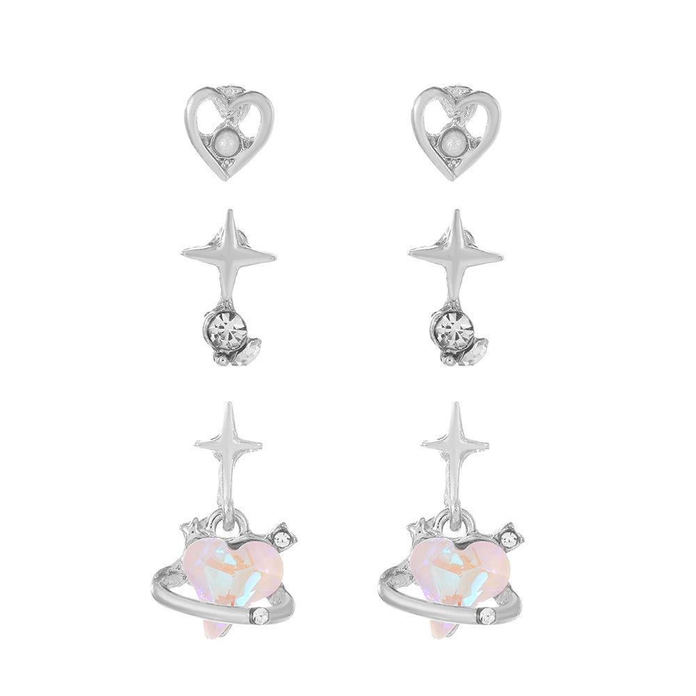 Set de 6 cercei tip stud cu inimioare roz coreene și explozii stelare pentru femei - Modă toamnă/iarnă